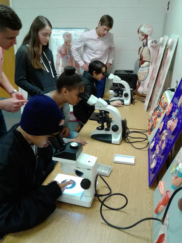 Row of students looking into microscopes
